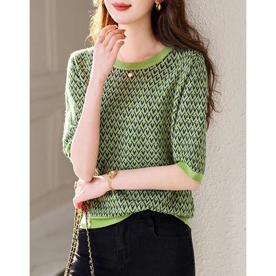 Demana Damen Dopamin-Stil Diamantmuster Kurzarm Top