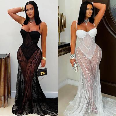 C7520 Women's Sexy Lace Spaghetti Strap Evening Gown