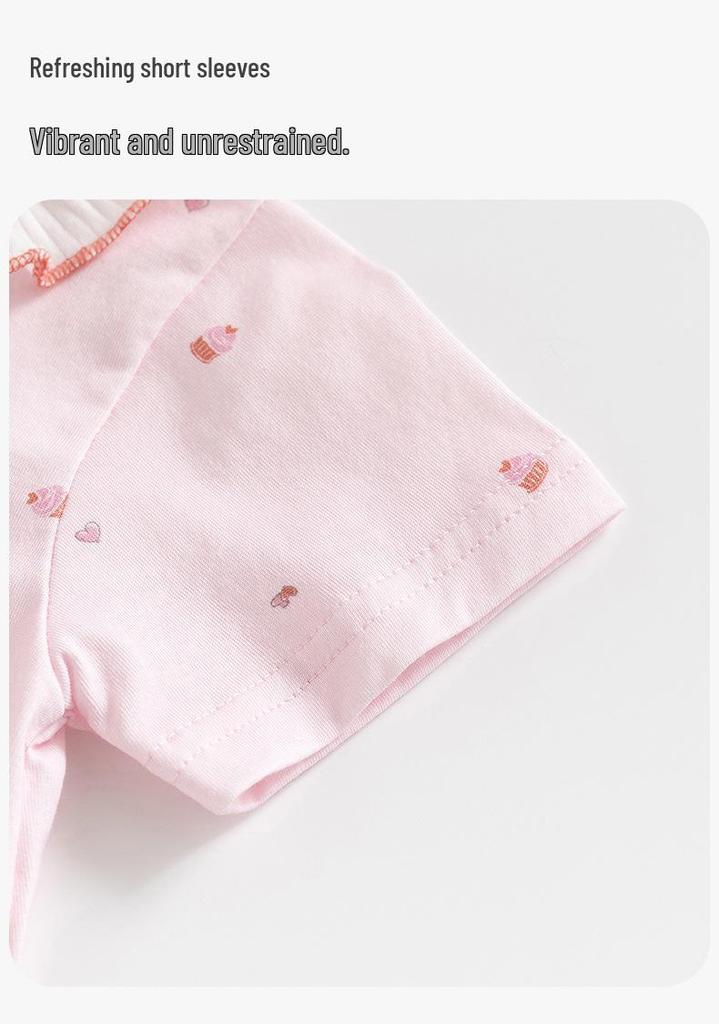 Girls' Summer Floral Cotton Romper, Short-Sleeved with Doll Collar, Size 100.