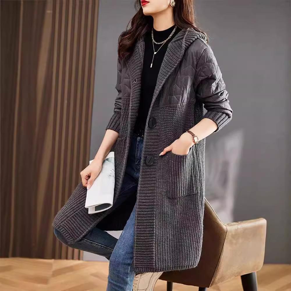 New Hooded Jacket Cardigan Mid-length Autumn and Winter Women's Sweater Loose Knitted Top