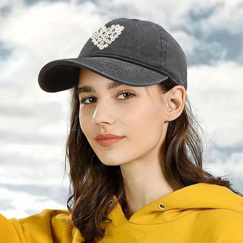 Ladies' retro floral baseball cap - black distressed style, white sunflower heart-shaped design, comfortable