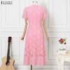 ZANZEA Women Casual Round Neck Short Sleeve Elegant Lace Long Dress