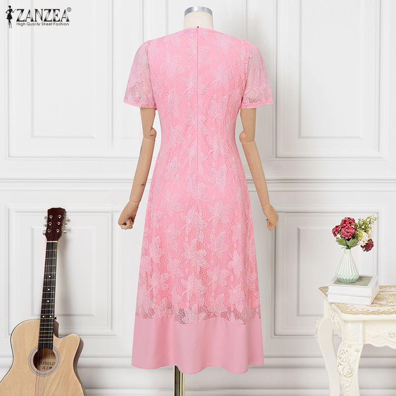ZANZEA Women Casual Round Neck Short Sleeve Elegant Lace Long Dress
