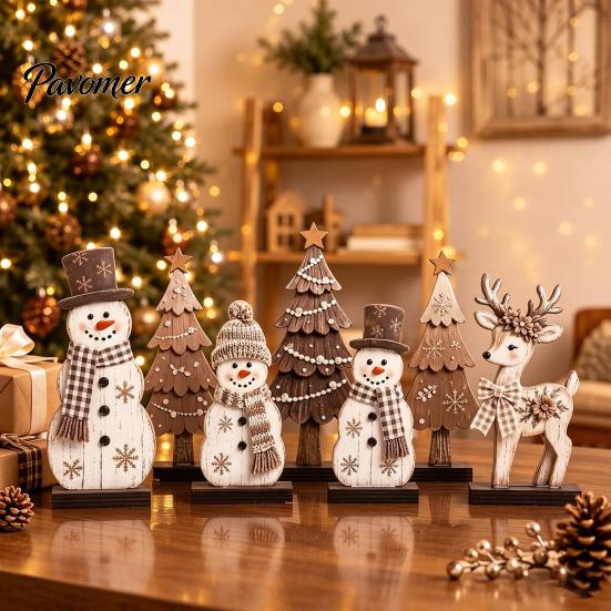 Handcrafted Holiday Gift Ideas 7Pcs Christmas Wooden Tabletop Ornaments, Snowman Tree Reindeer Tiered Tray Table Centerpieces Decor for Mantel, Rustic