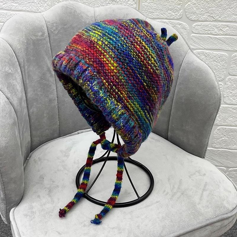 

Rainbow gradual change wool hat women fringed colored knitted hat drawstring cold hat women s autumn and winter high sense Adjustable