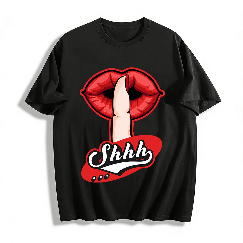 

Shhh Gesture Red Lip Print Casual Short Sleeve T-Shirt Pure cotton T-shirt 6XL