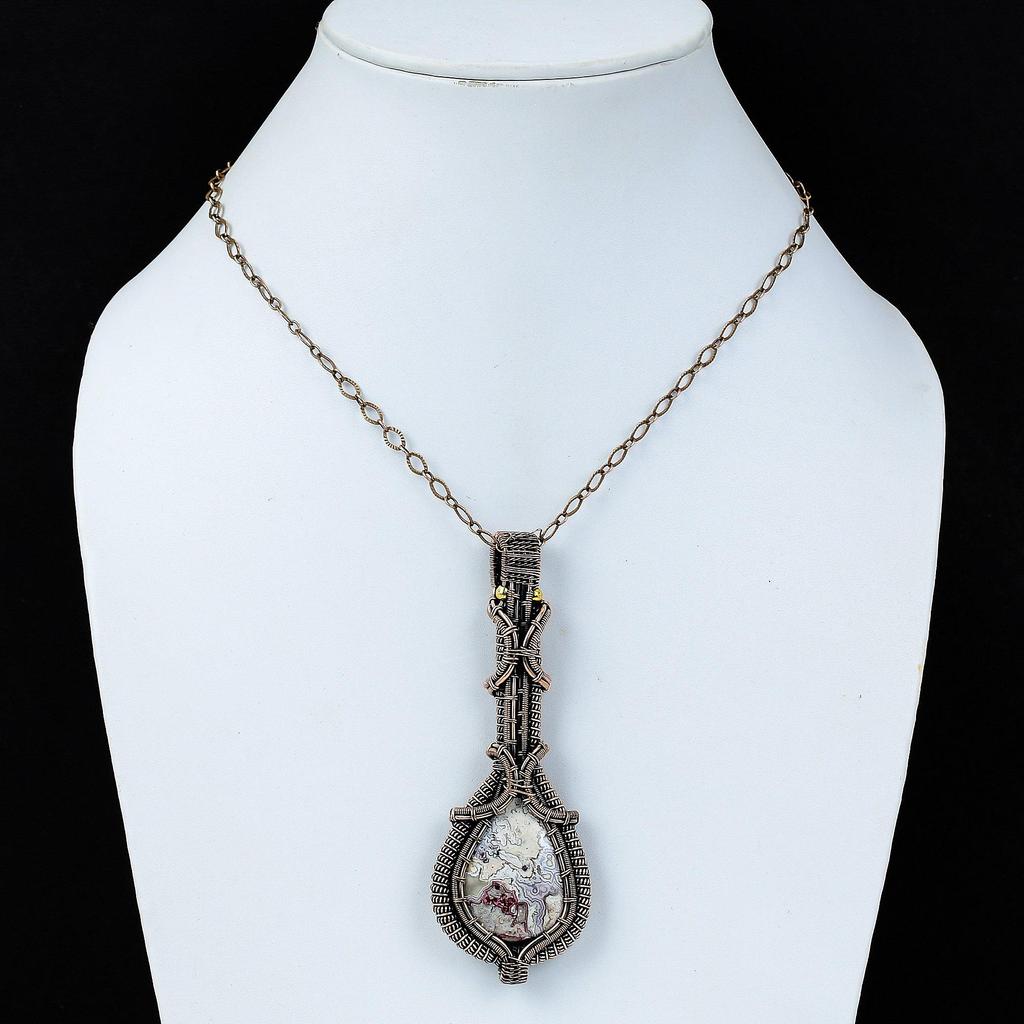 Crazy Lace Agate Gemstone Pure Copper Wire Wrapped Handmade Pendant Jewelry