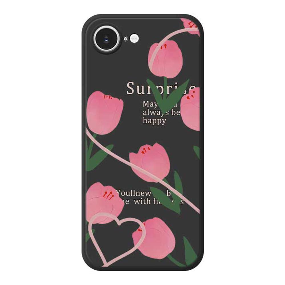 

For iPhone 16e Case Tulip Pattern Printing Straight Edge TPU Phone Back Cover Black