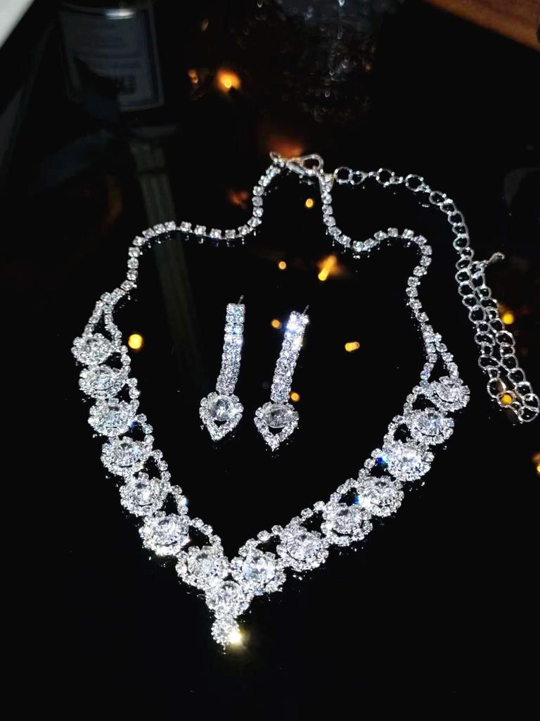 Luxury Bridal Zircon Flower Necklace & Earrings Set - Elegant Wedding Jewelry Accessories 