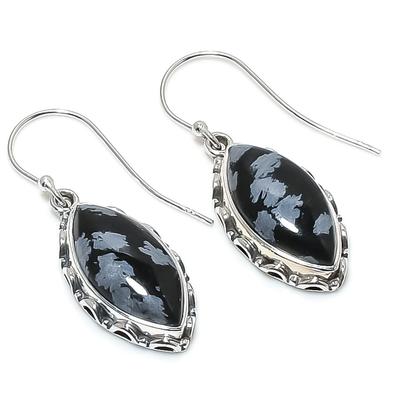 Natürlicher Schneeflocken-Obsidian Edelstein 925 Massiv Sterlingsilber Ohrring 1,50" e8i60