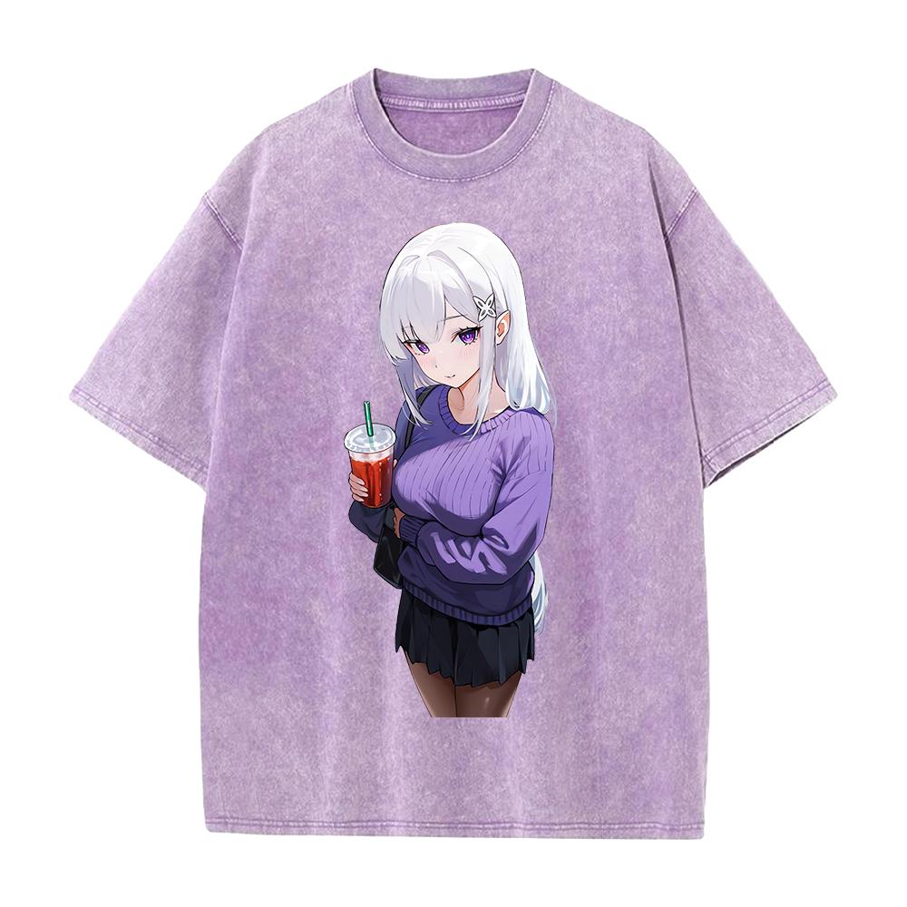 Anime Re ZERO Starting Life In Another World Emilia Clothing Men Women Tshirts Washed Cotton Tee Retro T-shirt Harajuku T Shirt