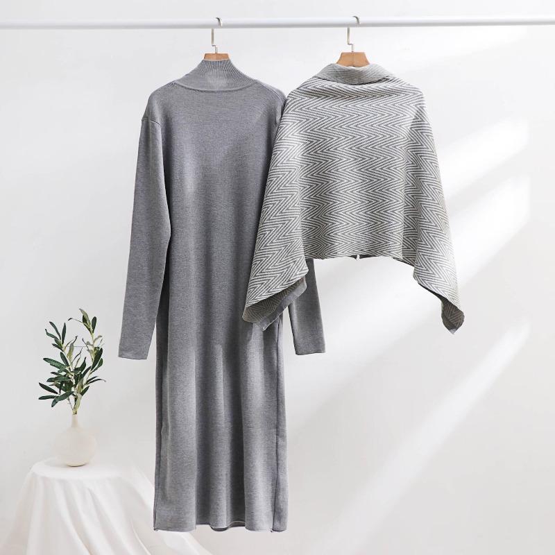 Completi da Donna 2 Pezzi Autunno Inverno Abito Maglione in Maglia Manica Lunga Collo Alto Abiti Ampi Sciarpa Poncho con Bottoni Set Lounge Tuta da Ginnastica per Donna