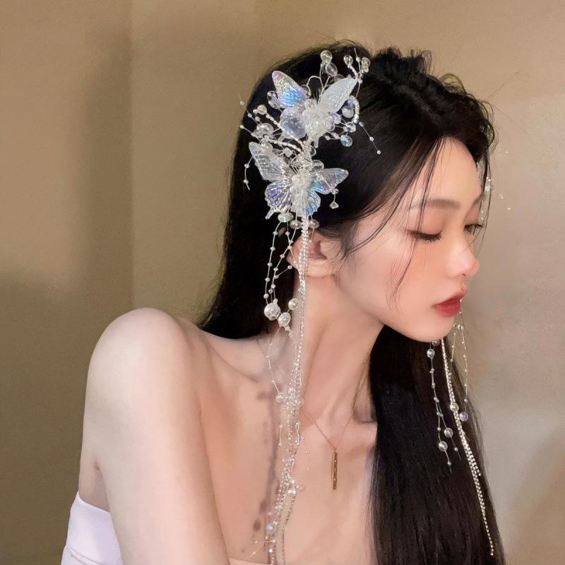 New Butterfly Tassel Pearl Hairpin Princess Bridal Wedding Headgear Semisen Crystal Hair Accessories