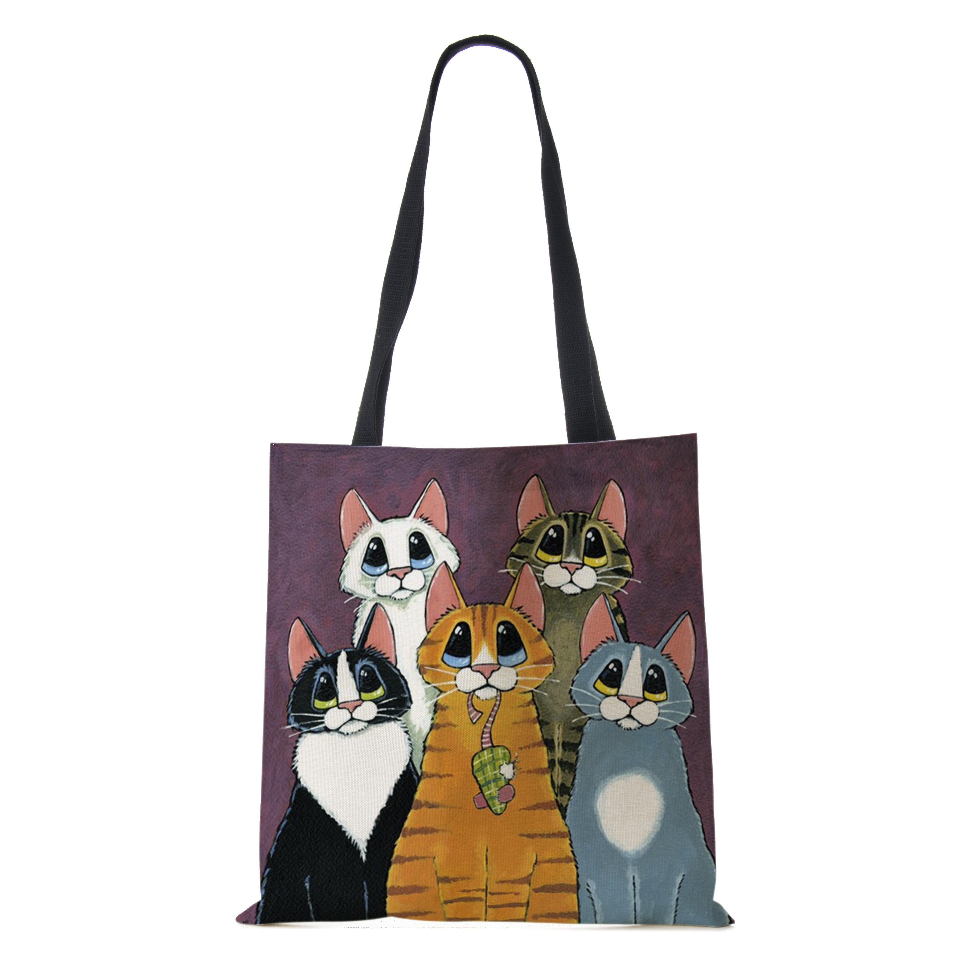 

Женские льняные сумки с кошачьим принтом, повседневные дорожные пляжные подарочные пакеты