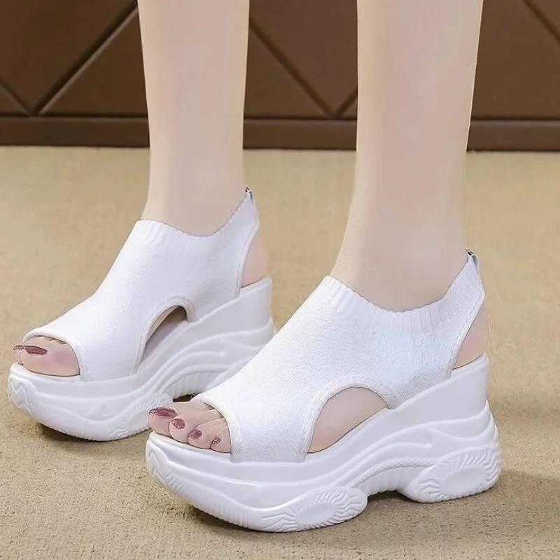 Sandali da donna estivi con zeppa, in tessuto elastico, con copripiedi, sandali da donna, suola spessa, alla moda, scarpe casual da urlo