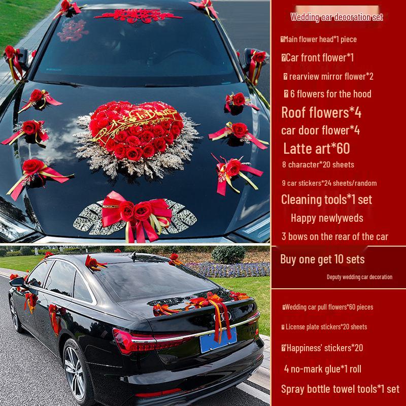Complete Wedding Car Decoration Set: Front Flower Main Car and Lead Car Arrangement