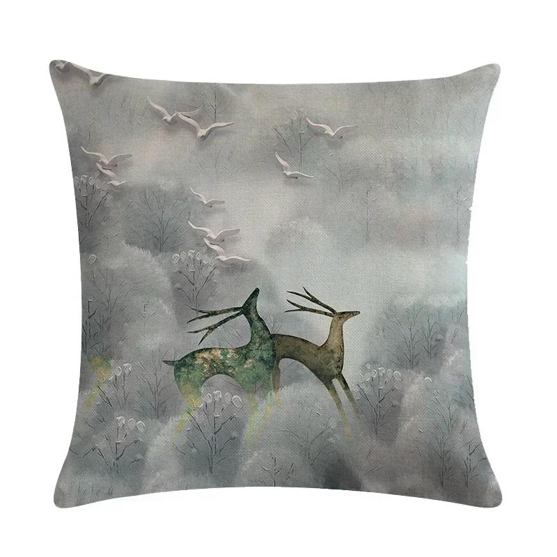Nordic Cartoon Moose Art Oil Painting Linen Cushion Cover Living Room Sofa Car Decoration Furniture Pillow Cover 45*45Cm