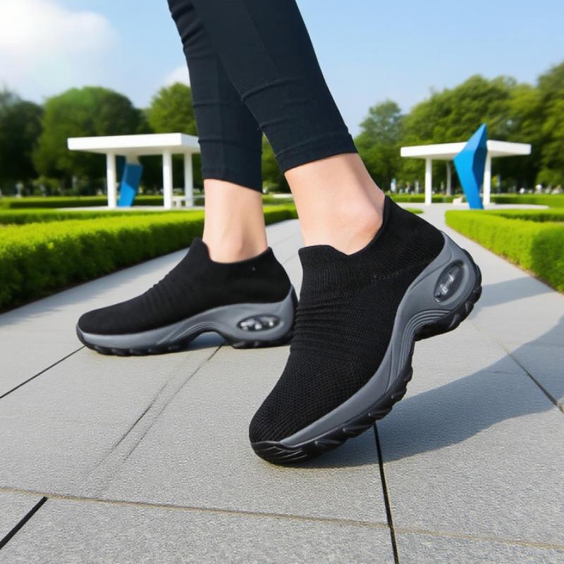 Women Black Walking Shoes Fashionable Comfortable Mesh Sneakers Breathable Thick Sole Anti Slip Sleeve Loafers Platform Sneakers