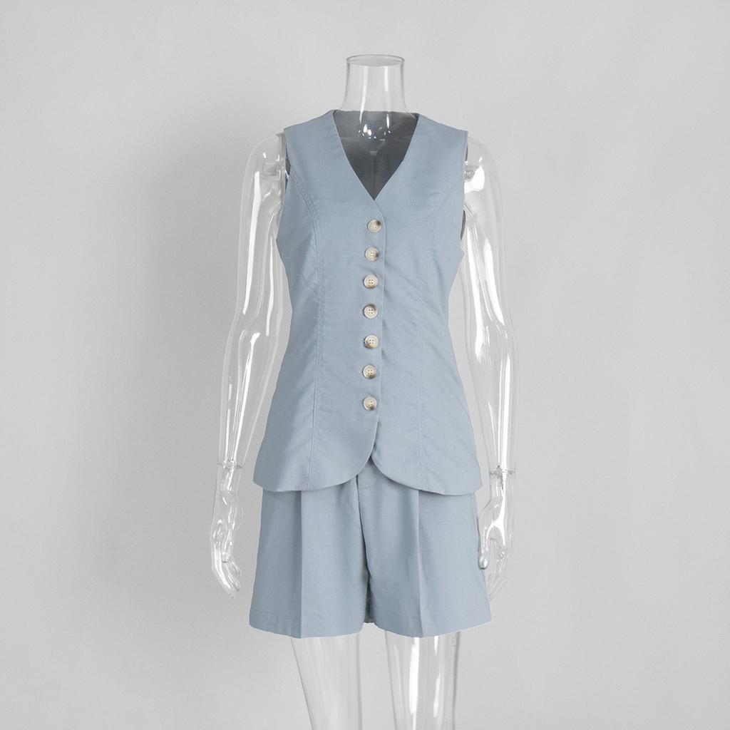 Set Estivo da Donna in Cotone e Lino 2 Pezzi Casual da Pendolare Gilet Gilet + Pantaloncini