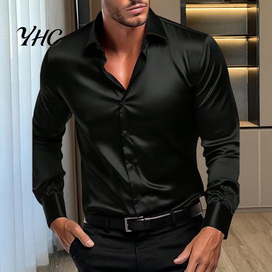 Men Solid Color Shirt Fall Spring Button-down Turn-down Collar Cardigan Long Sleeves Satin Slim Fit Sleeve Mid Length Casual Daily Wear Office