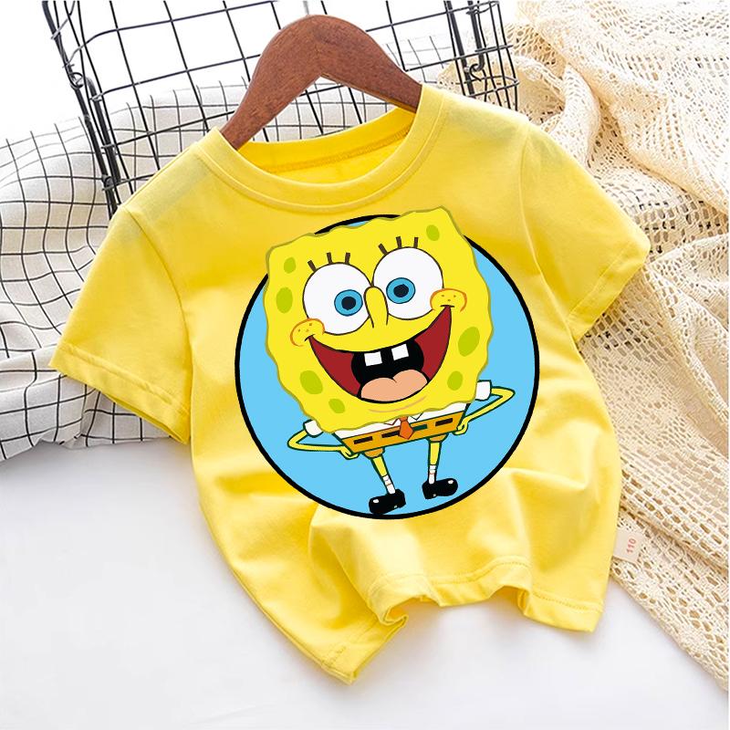 Cute SpongeBobs T-shirt Kids Anime Round Role Boys Girl Toddler Cotton Streetwear Tees Casual Short Sleeve Childern Clothes Tops