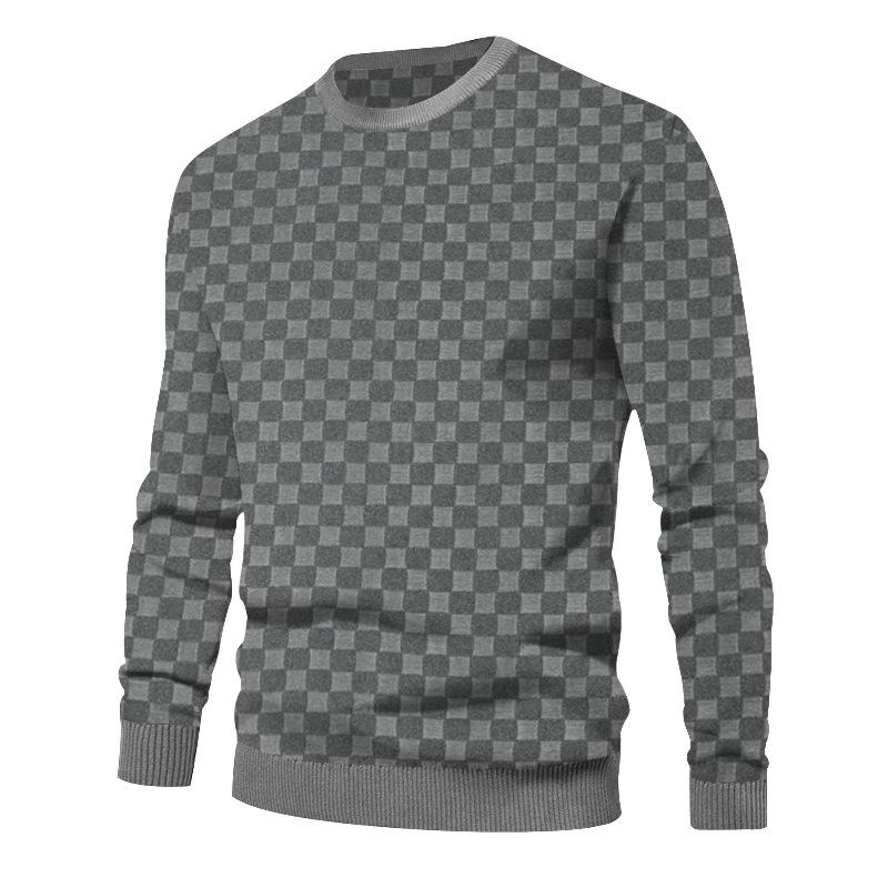Men S Long Sleeve Crew Neck Checkerboard Jacquard Knit Sweater Casual Top