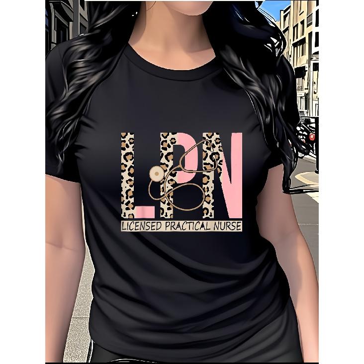 LPN Womens leopard print letter print T Shirt Soft pink casual round neck short sleeve top Loose fit machine washable for all seasons Daily S чёрный