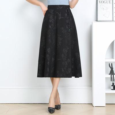Women's Chinese Style Jacquard High Waist A-Line Midi Skirt With Pockets