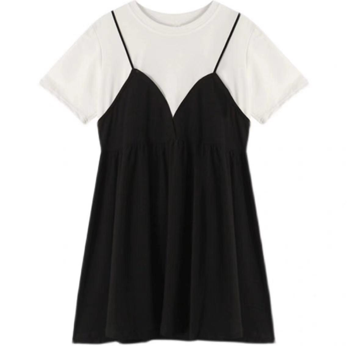 

Летнее платье-двойка женское больших размеров 2022 - Дизайн, скрывающий живот и омолаживающий Medium белый/чёрный