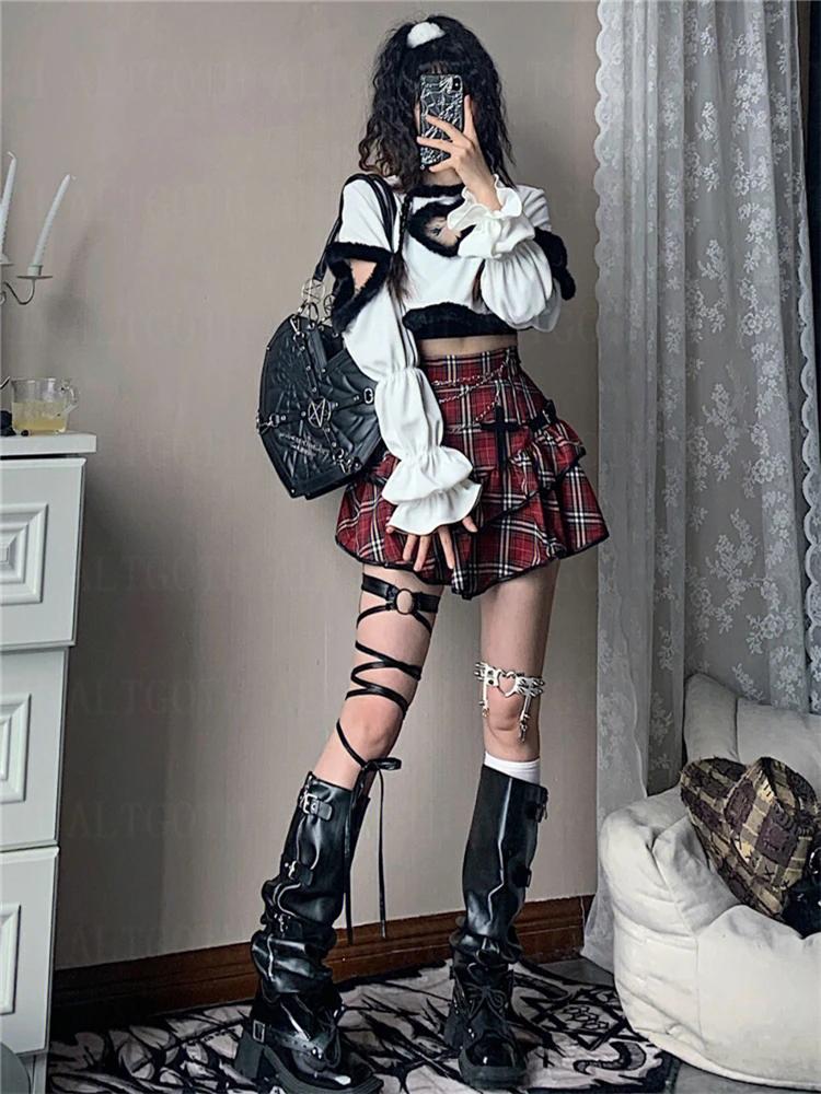 Punk Gothic Red Plaid Mini Skirt Women Vintage Y2k E-girl Emo High Waist Cake Skirt Harajuku Street Fairycore Grunge Clubwear