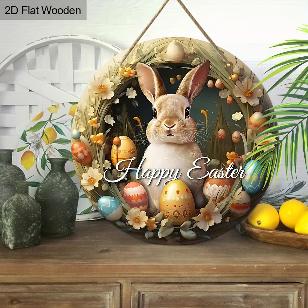 Happy Easter Bunny & Egg Wreath Wooden Sign, Round Front Door Decor, Rustic Spring Wall Hanging - Ideal Easter Gift
