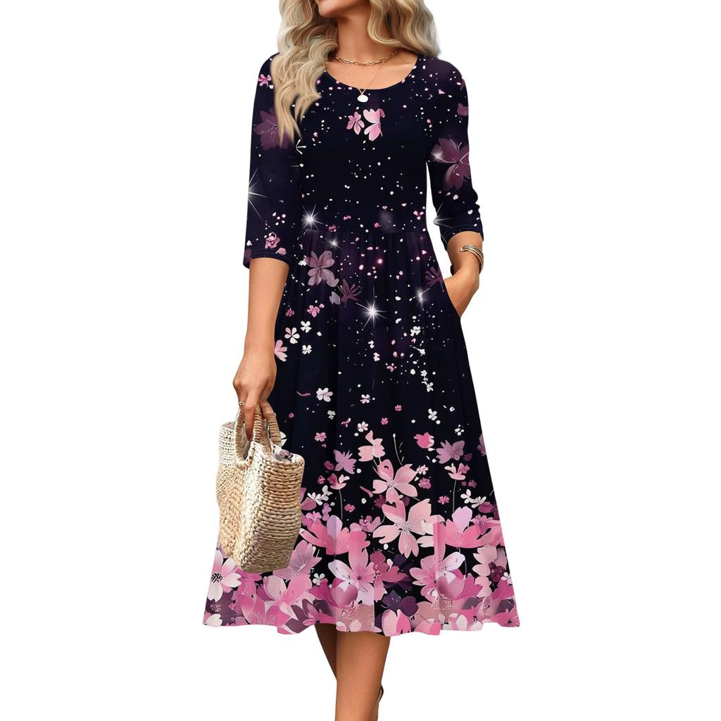 3/4 Sleeve Women's Dress Casual Flowy A-Line Midi Tshirt Dresses With Pockets Crewneck Vocation Boho Beach Sundress