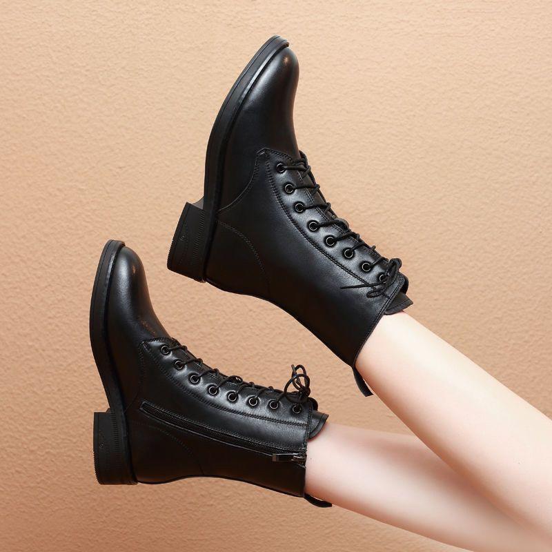 Black Elegant Middle Heel Lace-up Women's Half High Boots Autumn Winter Chic Comfortable Round Toe Warm Ladies Mid Calf Shoes