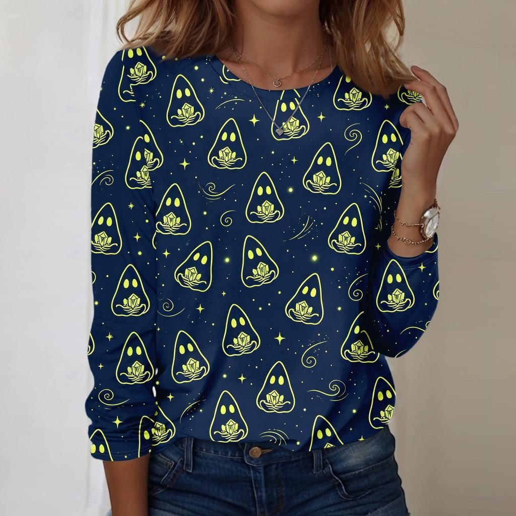Women's Long Sleeve Casual Pullover Sweatshirt Halloween Printed Crewneck Top Lightweight Comfortable Fit for Everyday Wear