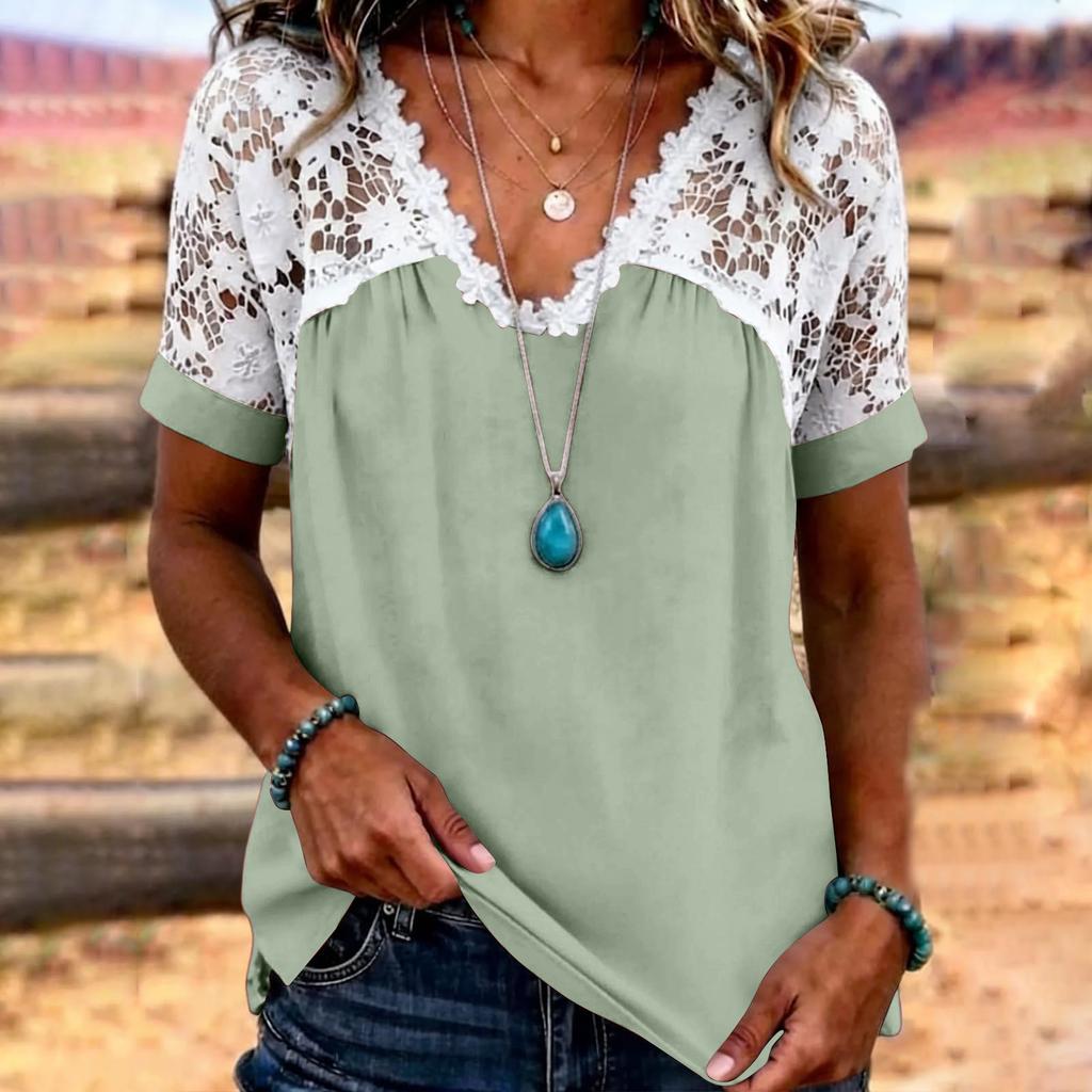 Women’s Short Sleeve Lace Patchwork Blouse V Neck Casual Loose Fit Top with Floral Crochet Design for Daily Wear