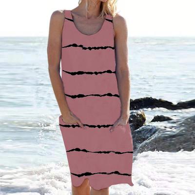Women's Sleeveless Tank Dress Summer Casual Round Neck Tunic Dress with Pocket Baggy Stripe Beach Sundress Swimsuit Bikini Cover-Up