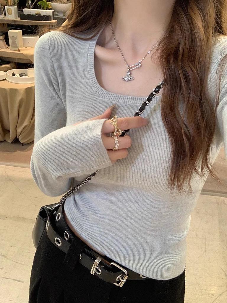 2025 Women's Slim Fit Long Sleeve Knitwear: Square Neck Base Layer for Autumn/Winter