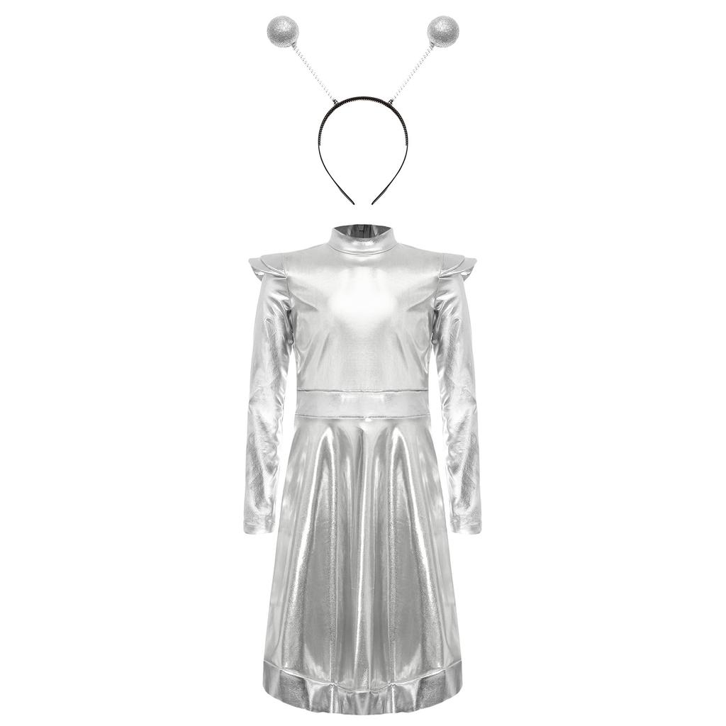 Girls Space Alien Costume Set 2 Pieces Outer Space Dress Alien Hair Hoop Cosplay Performance