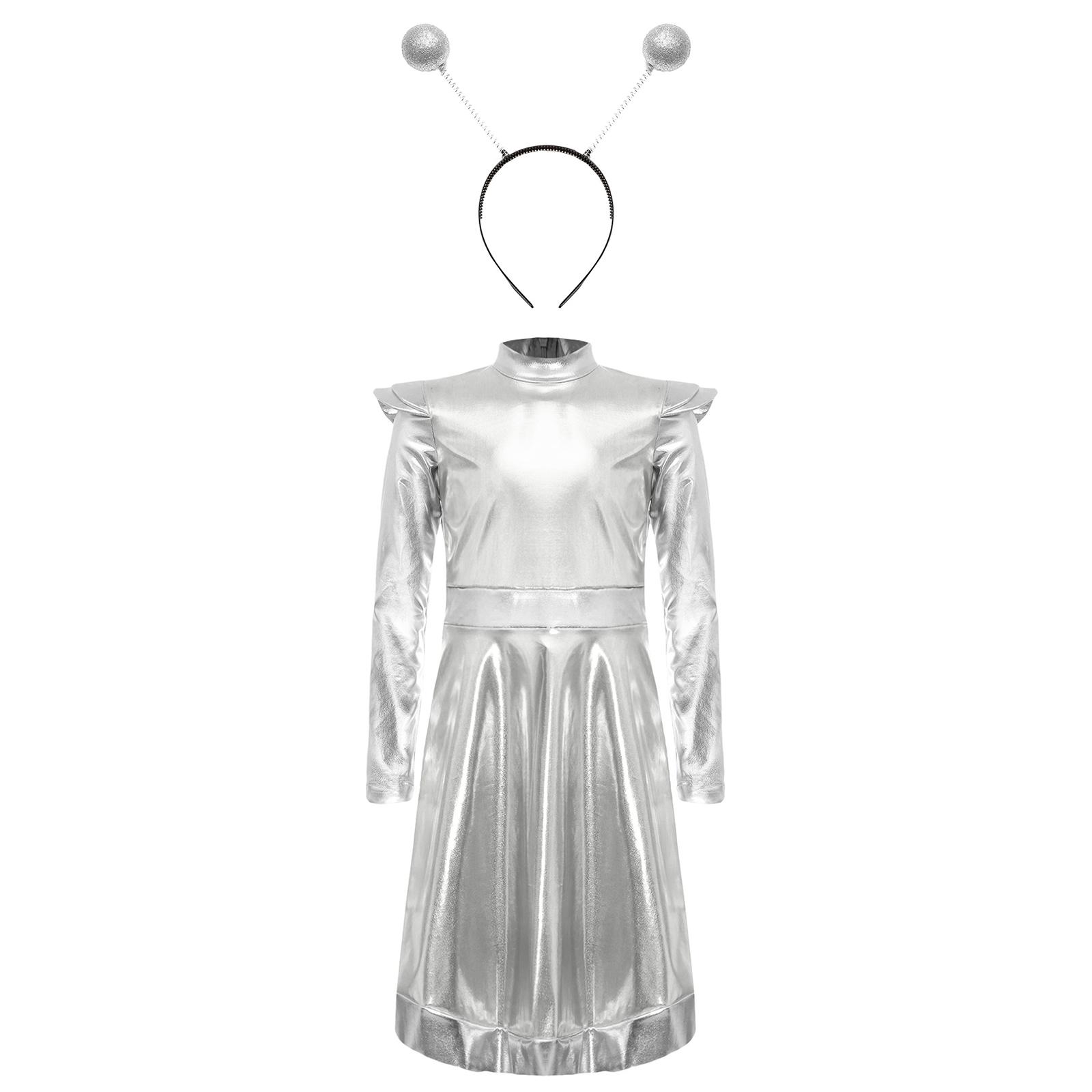 

Комплект костюма космічного прибульця для дівчинки 2 штуки Сукня з космосу Обруч для волосся прибульця Косплей Виступ 5-6 Years срібний