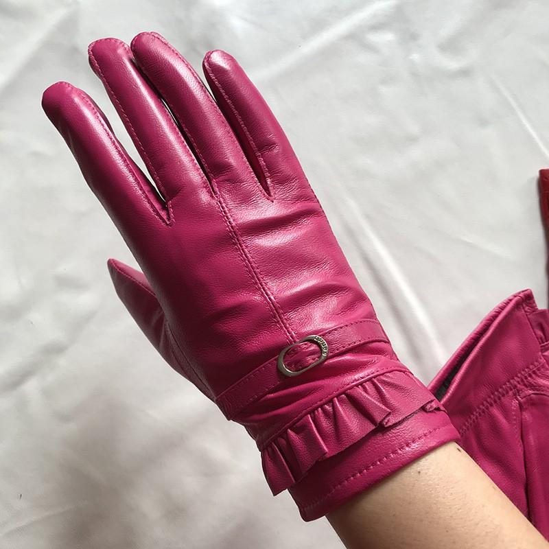 Womens Sheepskin Leather Gloves Warm Fleece Lined Cute Lace Trim Winter Driving Split Finger
