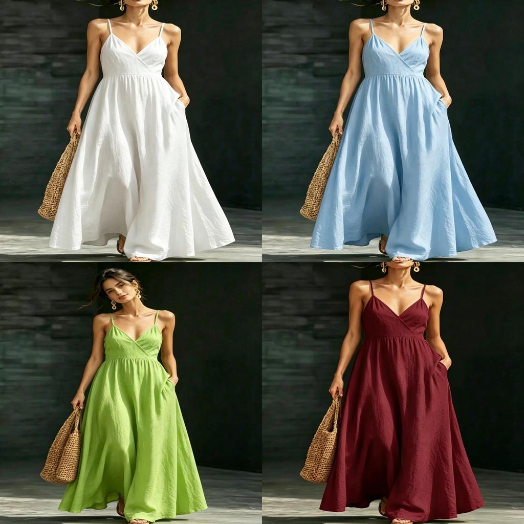 Polyester V Neck Sleeveless Dress With Pockets For Summer Casual And Beach Wear