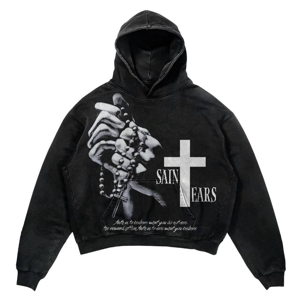 Retro Gothic Graphic Print Hip Hop Hoodie for Men Y2k Grunge Punk Casual Loose Pullover Women Streetwear Sweatshirt Hoodies