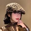 Pu Leather Brim Leopard Print Berets Keep Warm Women Newsboy Caps Retro Lamb Wool Berets Hat  Girl