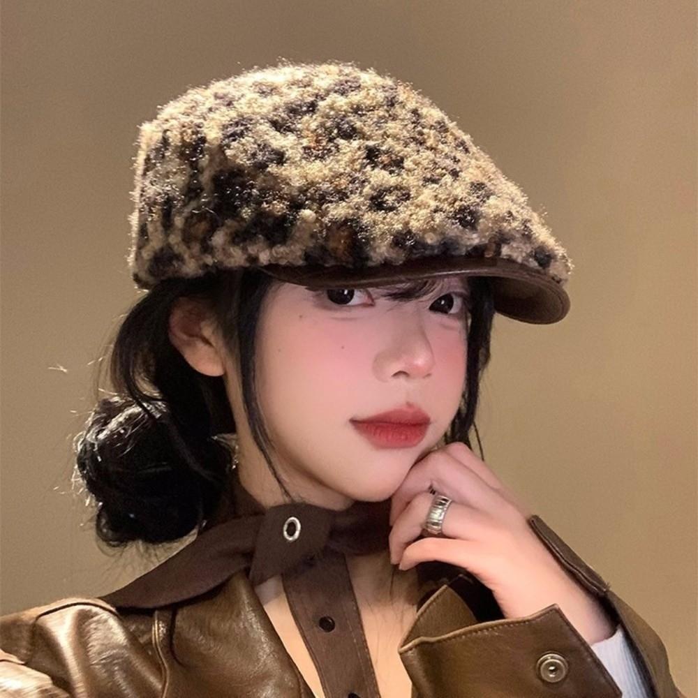 Pu Leather Brim Leopard Print Berets Keep Warm Women Newsboy Caps Retro Lamb Wool Berets Hat  Girl