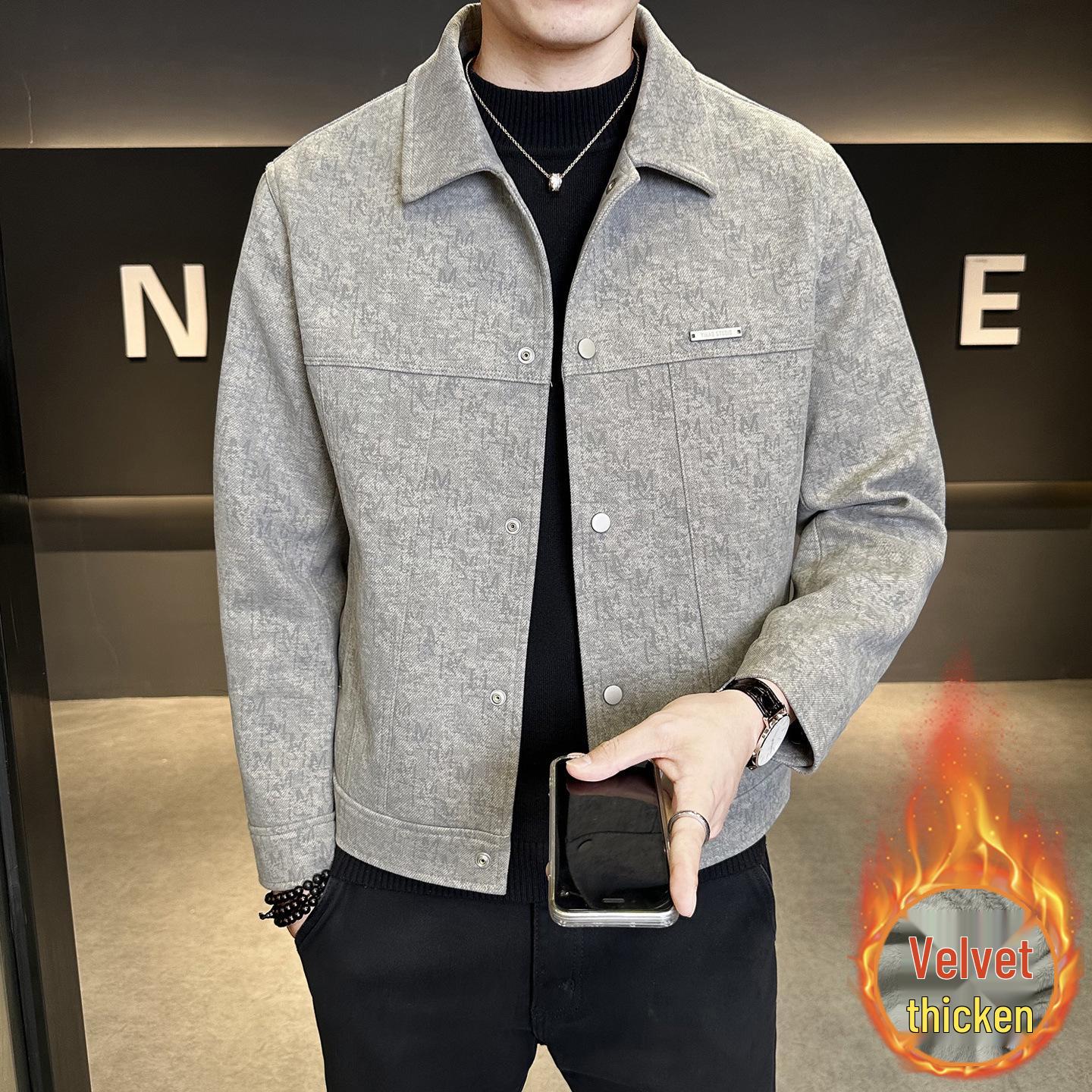 

Men s Autumn/Winter European Style Wool Coat - Plush Fleece Lined Slim Fit Lapel Jacket 4XL сірий колір