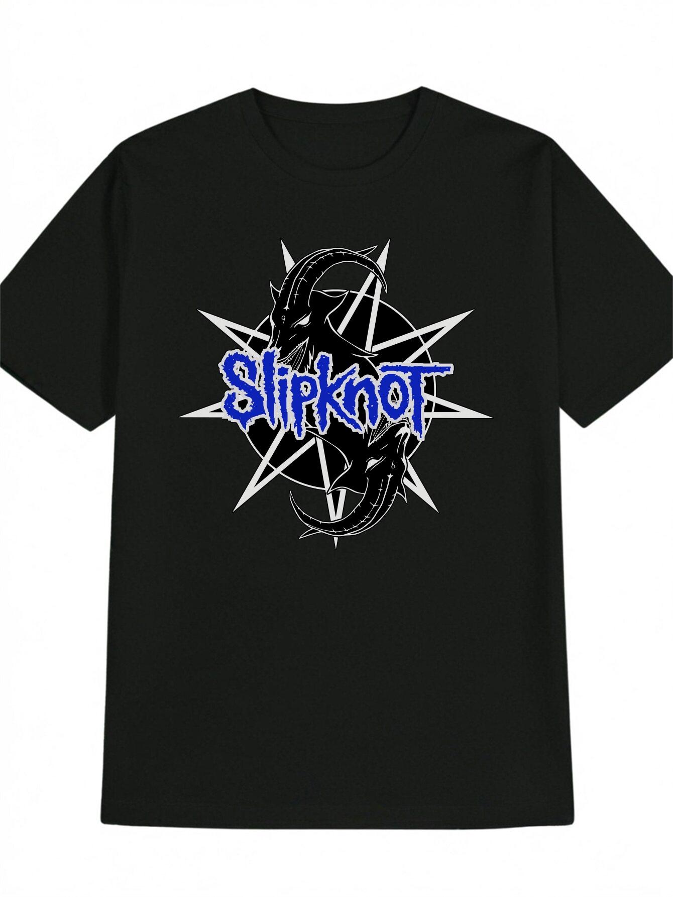 Casual Slipknot Graphic T-shirt - Black with White Star & Cross Print XXL