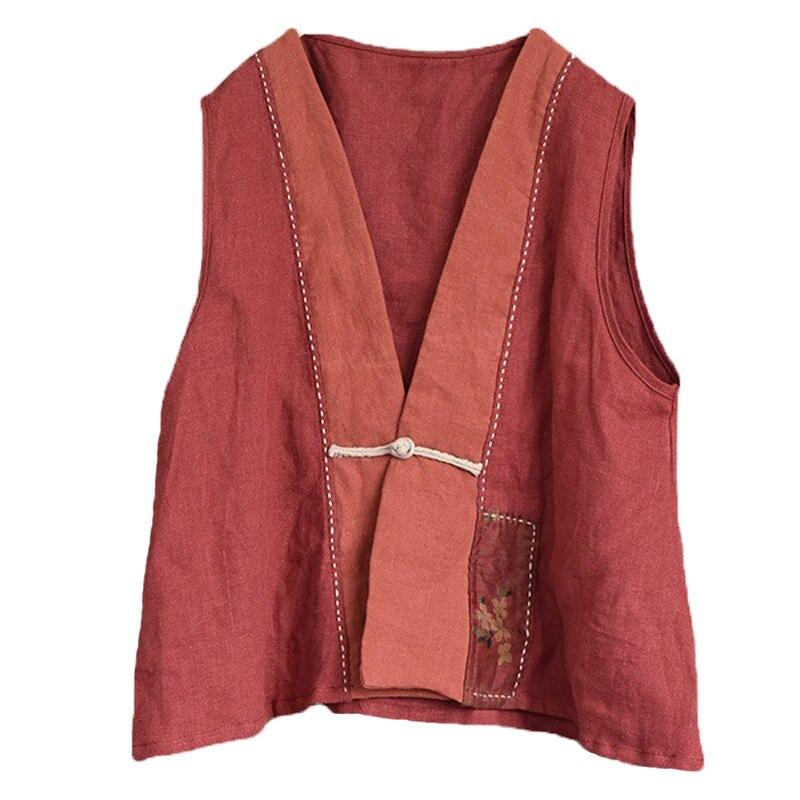 Johnature Women Vintage Vests Patchwork Linen Coats Autumn Button V-Neck Chinese Style Women Original Vests Coats