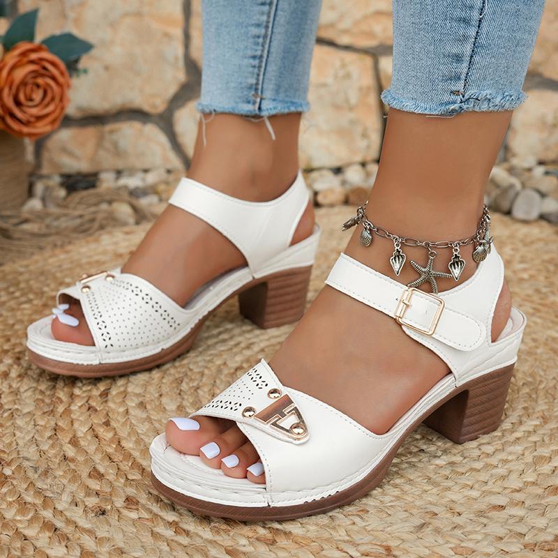 Fashion White Thick High Heels Sandals for Women Summer Lightweight Ankle Buckle Sandles Woman Plus Size Non Slip Beach Sandalias Mujer