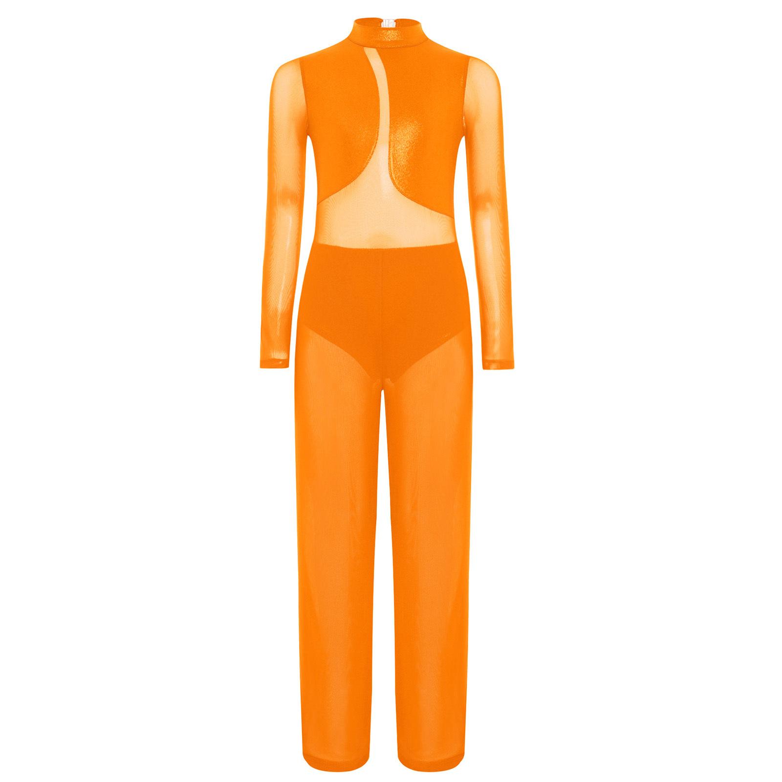 

Дівчачий гімнастичний костюм для виступів Прозора сітка Печворк Широкі штанини Металік З довгим рукавом Комбінезон 5-6 Years помаранчевий