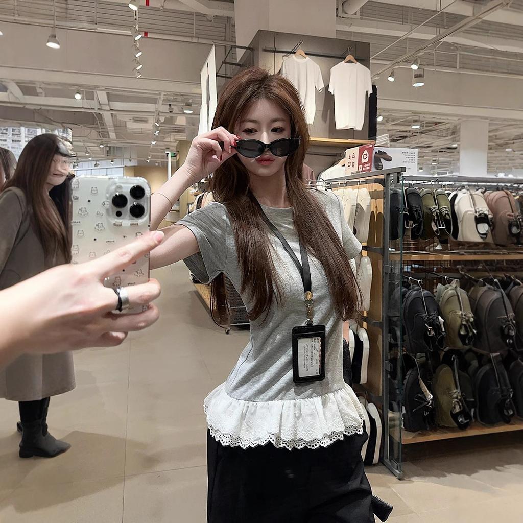 Gentle and Sweet Girl Style Design Sense Lace Splicing Short-sleeved T-shirt Women's Summer Slim and Thin Student Tops Trendy